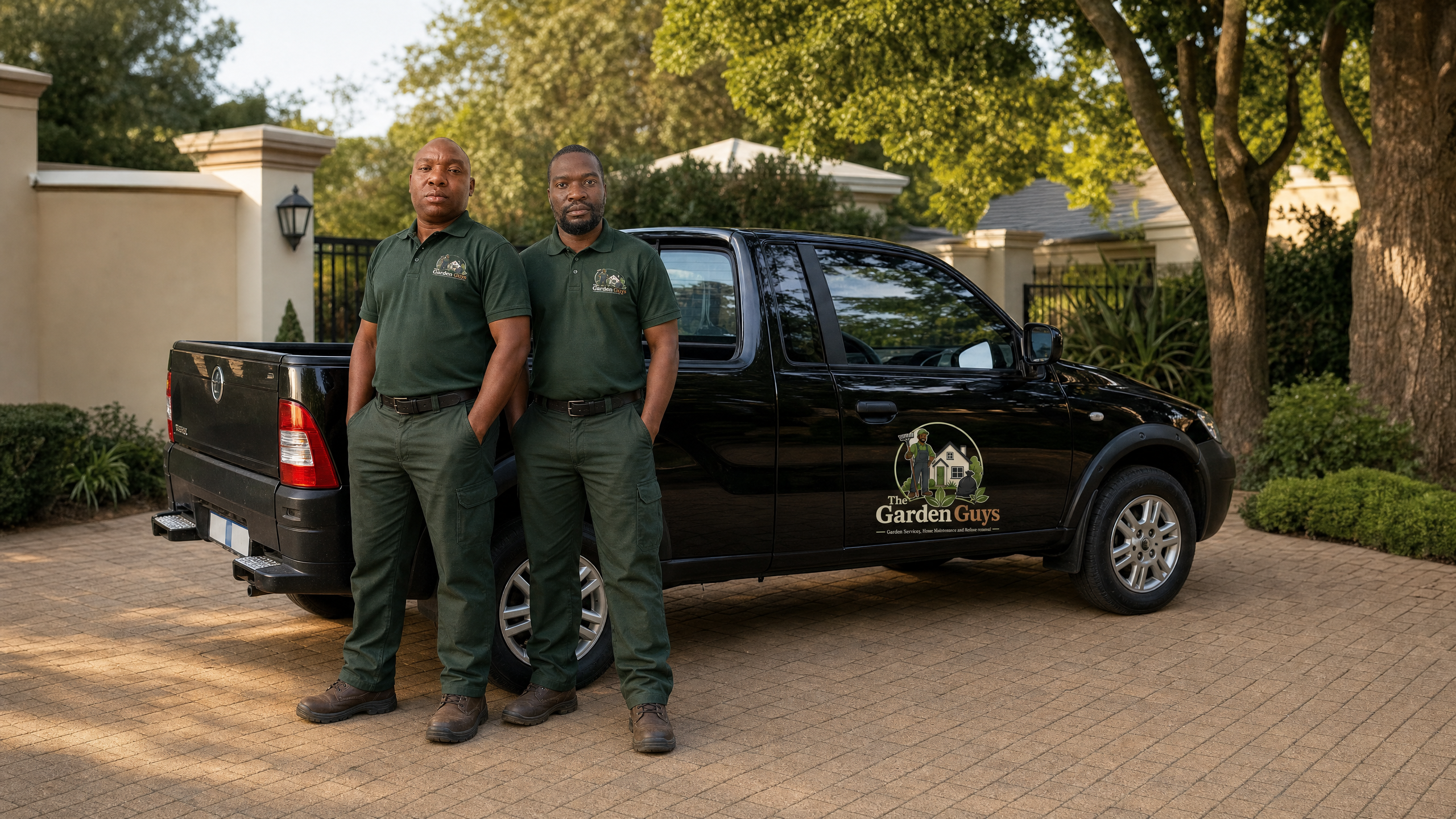 Reuben and Herbert in Garden Guys uniforms standing beside the branded service bakkie